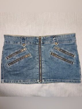 Edikted Ronan Zip Up Denim Mini Skort (Skirt with Shorts Under), Small, Low Rise